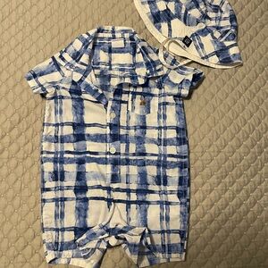 Baby Gap Blue and White Plaid Baby Romper with Hat